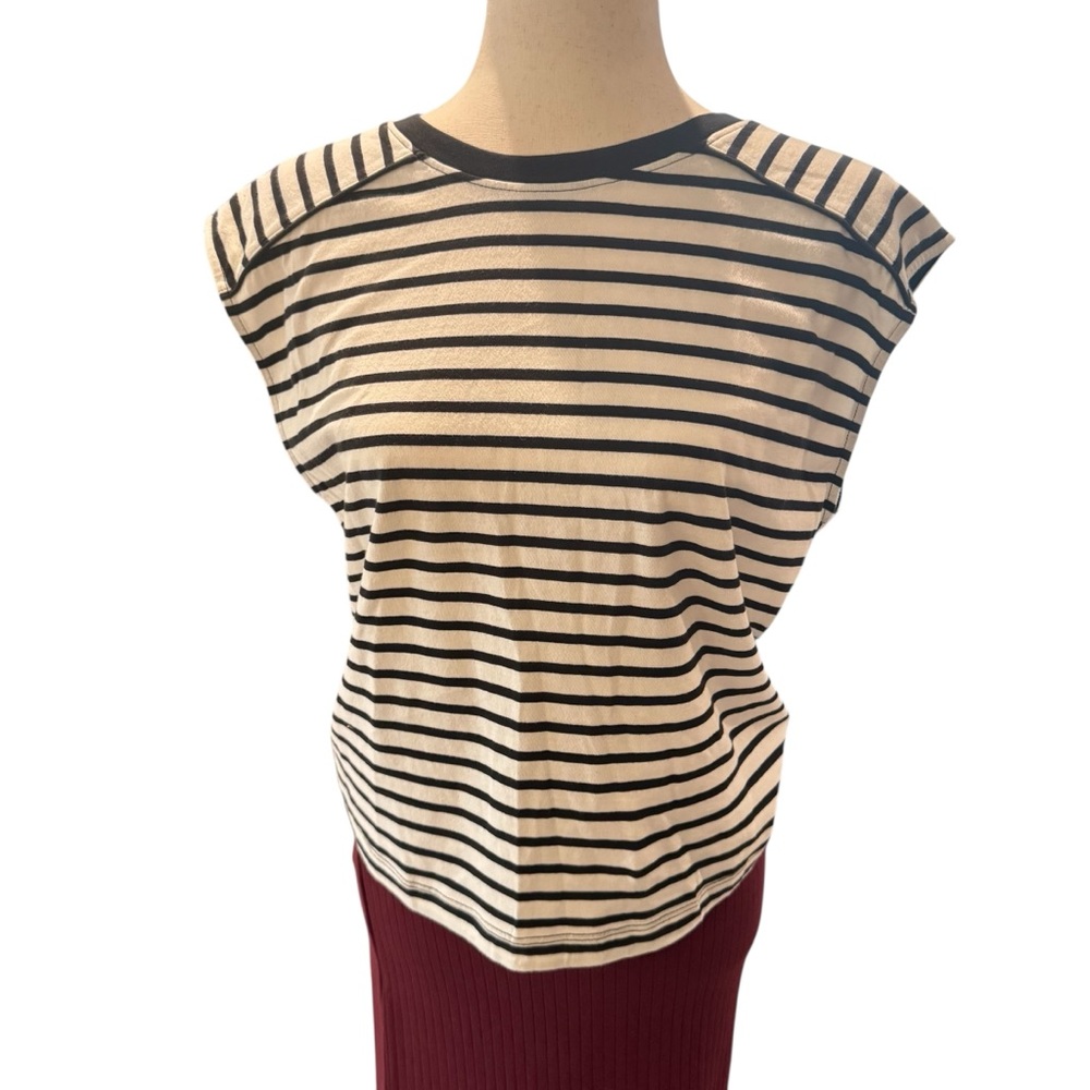 Striped Crewneck Cap-Sleeve Top in Cream and Black